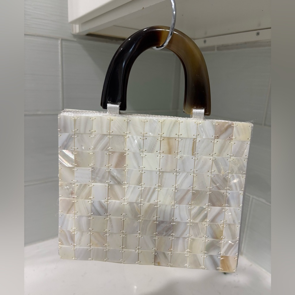 Vintage Jenny Polanco Beaded white BagMotherofPearl Stitched BeadedSilkLined